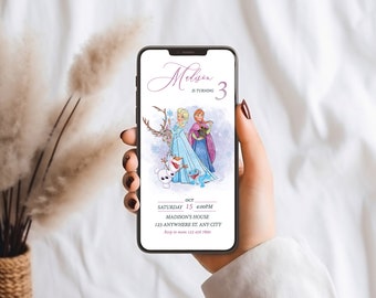 May include: A digital invitation for a Frozen-themed birthday party for a girl named Madison turning 3. The invitation features a watercolor illustration of Elsa and Anna from Frozen, along with Olaf and Sven. The text on the invitation reads "Madison is turning 3", "Oct. 15 4:00PM", "Madison's House", "123 Anywhere St. Any City", and "RSVP to 223 456 7890".
