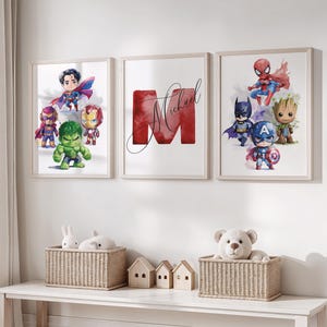 Set di quadri personalizzati a tema supereroi, decorazioni per la cameretta dei bambini con nome personalizzato, poster per la camera da letto dei ragazzi ispirato agli Avengers, stampe artistiche per la cameretta dei bambini a tema supereroi