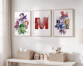 Láminas decorativas personalizadas de superhéroes para pared y habitación infantil: Set de 3 láminas (descarga digital).