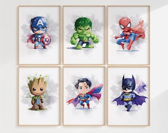 Super Heroes Wall Art Set of 6 Prints, Boys Room Decor, Playroom Wall Art Nursery Super Heroes Themed Posters, Printable Digital Download