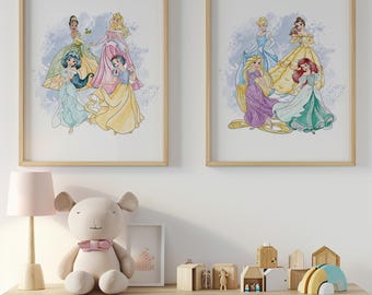 May include: Two framed prints featuring Disney princesses. The first print shows Snow White, Cinderella, Aurora, Jasmine, and Ariel. The second print shows Belle, Rapunzel, Tiana, Mulan, and Pocahontas.