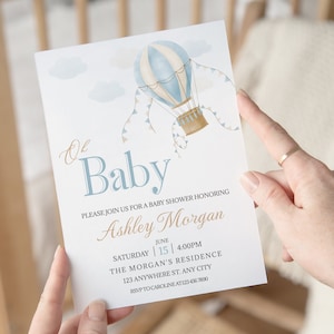 Blauwe luchtballon babyshower uitnodiging, jongen babyshower uitnodigen, Oh Baby afdrukbare uitnodiging sjabloon, digitale download, ht1