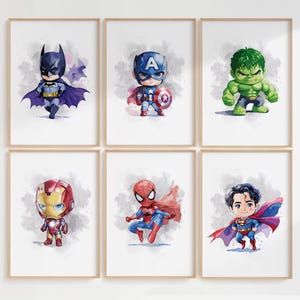 Juego de 6 láminas de arte mural de superhéroes, decoración para habitación de niños, pósteres con temática de superhéroes para guardería, descarga digital imprimible.