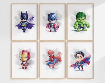 Superhero Wall Art Prints Set of 6 | Kids Room Decor | Hulk Spider-Man Captain America Iron Man Spider Man Nursery Posters