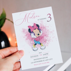Bearbeitbare Rosa Minnie Maus-Geburtstags-Einladung, Aquarell-Mädchen-Geburtstags-Einladung, bedruckbare Einladung, Rosa Minnie-Einladung, mm