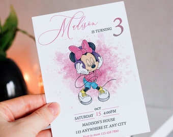 Editable Pink Minnie Mouse Birthday Invitation, Watercolor  Girls Birthday Invitation, Printable Invitation, Pink Minnie Invitation, mm