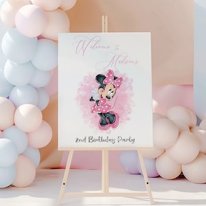 Letrero de bienvenida para fiesta de cumpleaños de Minnie Mouse editable, decoración de fiesta de Minnie Mouse, letrero de bienvenida de Minnie Mouse, letrero de bienvenida para fiesta de cumpleaños, mm