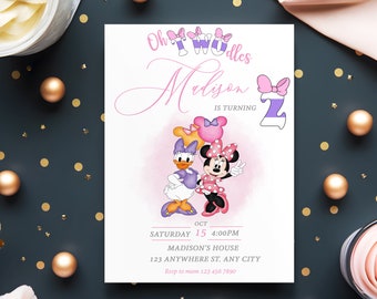 May include: A pink and purple birthday invitation with a cartoon image of Minnie Mouse and Daisy Duck. The invitation says "Oh Twodles Madison is turning 2" and includes the date, time, and location of the party. RSVP information is also included.