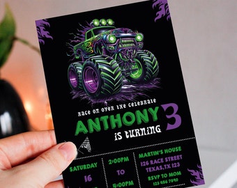 May include: A black and purple monster truck birthday party invitation with a green monster truck graphic. The invitation says "Race on over to celebrate Anthony is turning 3". The invitation also includes the date, time, and location of the party.