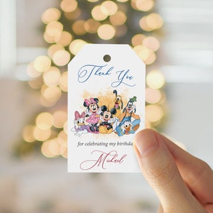 Modello di tag modificabile, tag regalo di compleanno di Topolino e amici, tag di favore stampabile con download immediato, tag di ringraziamento personalizzato, mm
