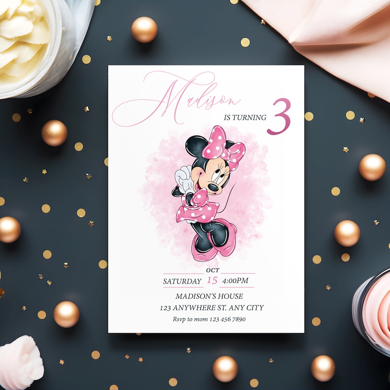 Editable Pink Minnie Mouse Birthday Invitation, Watercolor Girls Birthday Invitation, Printable Invitation, Pink Minnie Invitation, mm image 2
