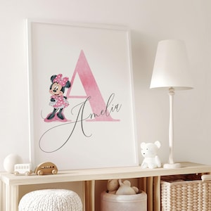 Impresión de arte de pared personalizada de Minnie Mouse para guardería, nombre personalizado, Minnie Mouse de acuarela, decoración de guardería de niña, letrero con nombre