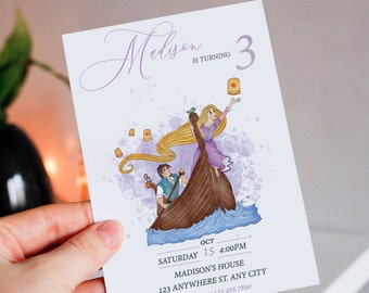 May include: A white invitation card with purple text that reads "Madison is turning 3". The card features an illustration of Rapunzel and Flynn Rider from the Disney movie Tangled, floating in a boat with lanterns. The text below the illustration reads "Saturday Oct 15 4:00PM, Madison's House, 123 Anywhere St. Any City, Rsvp to mom 123 456 7890".