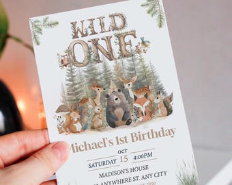 Editable Woodland Animals 1st Birthday Invitation: Wild One, Editable Template