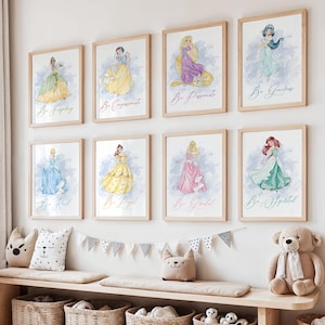 Prinses set van 8 aquarel kunst aan de muur, prinses poster, kinderkamer prinses poster, prinses muur decor, meisjes kamer decors, instant download