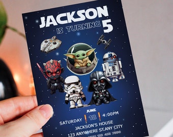 May include: A blue and black birthday invitation with a Star Wars theme. The invitation features a cartoon image of characters from the Star Wars franchise, including Yoda, Darth Vader, and R2-D2. The text on the invitation reads "Jackson is turning 5" and includes details about the party, such as the date, time, and location.