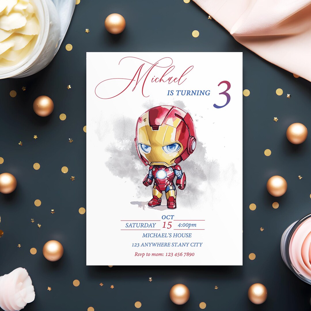 Editable Iron Man Birthday Invitation Template: Watercolor Party Invite ...
