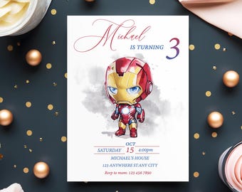 Editable Iron Man Birthday Invitation Template: Watercolor Party Invite (Digital)