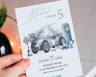 May include: A blue and white birthday invitation with a watercolor illustration of a vintage race car, checkered flags, and a gas pump. The text reads "Michael is turning 5" and includes details for the party, including the date, time, and location.