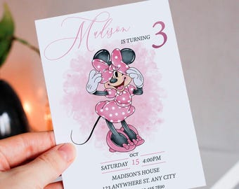 May include: A white invitation card featuring a cartoon illustration of Minnie Mouse in a pink polka-dot dress and bow. The card includes the name "Maliyon", the number "3", and event details: date, time, and location.