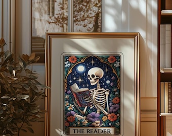Skeleton Tarot Card Print: Mystical Library Art (Digital Download)