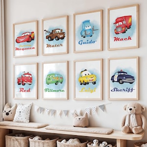Cars Set of 8 Watercolor Wall Art, Cars Poster, Nursery Cars Poster, Cars Wall Decor, Kids Room Decors, Instant Download