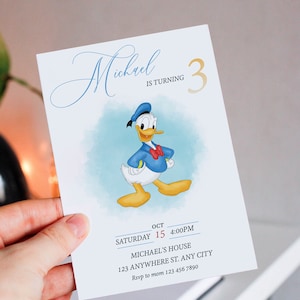 Bearbeitbare Donald Duck-Geburtstagseinladung, Aquarell-Geburtstagseinladung, druckbare Einladung, Donald Duck-Einladung, mm