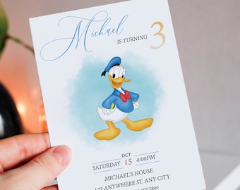 May include: A blue and yellow cartoon duck character with a blue sailor hat and a red bow tie. The text "Michael is turning 3" is at the top of the invitation. The invitation also includes the date and time of the party, the location, and the RSVP information.