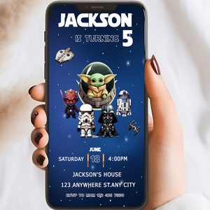 Digitale Star Wars-uitnodiging, Star Wars-uitnodiging voor verjaardagsfeestje, Star Wars mobiele smartphone-uitnodiging, stw