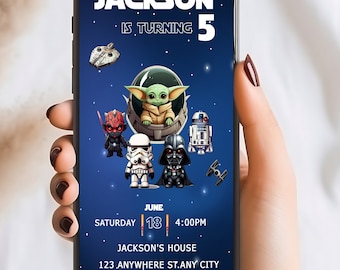May include: A blue and black digital invitation for a Star Wars themed birthday party. The invitation features a cartoon image of Baby Yoda, Darth Vader, R2-D2, and a Stormtrooper. The text on the invitation reads "Jackson is turning 5" and includes the date, time, and location of the party.