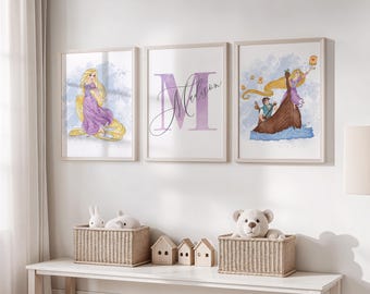May include: Three framed watercolor prints featuring a princess theme. One print shows a princess with long blonde hair in a purple dress. Another has the name "Madison" in a purple font. The third print depicts a princess on a boat with lanterns.