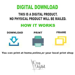 Puede incluir: Gr&aacute;fico de descarga digital con el texto "DIGITAL DOWNLOAD" en verde. La imagen explica c&oacute;mo funciona: descargar, imprimir y enmarcar. Tambi&eacute;n se incluye el texto "THIS IS A DIGITAL PRODUCT. NO PHYSICAL PRODUCT WILL BE MAILD."