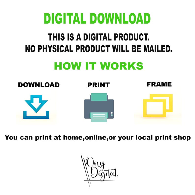 Puede incluir: Gr&aacute;fico de descarga digital con el texto "DIGITAL DOWNLOAD" en verde. La imagen explica c&oacute;mo funciona: descargar, imprimir y enmarcar. Tambi&eacute;n se incluye el texto "THIS IS A DIGITAL PRODUCT. NO PHYSICAL PRODUCT WILL BE MAILD."