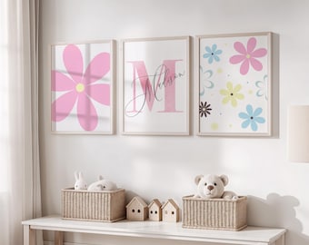 Personalized Daisy Wall Art, Girl Room Decor, Floral Print Set (Digital Download)