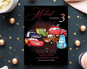 Invitación de cumpleaños con coches en acuarela: Invitación editable para fiestas infantiles (descarga digital)