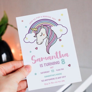 Unicorn Birthday Party Invitation Template, Pastel Unicorn Any Age Girl Birthday, Magical Invitation, Digital Download