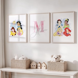 Art mural de princesse personnalisé pour chambre de fille, prénom personnalisé décoration de princesse, lot de 3 impressions art mural de chambre d'enfant, décoration de chambre d'enfant princesse