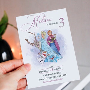 Convite de aniversário Frozen em aquarela editável, convite de aniversário de meninas em aquarela, convite para impressão, convite Frozen, FRZ1