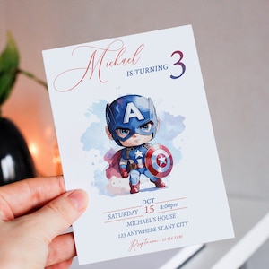 Modèle d'invitation d'anniversaire super-héros aquarelle modifiable, invitation de fête d'anniversaire imprimable, modèle numérique d'invitation de fête d'enfants, SPH