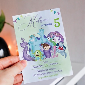 May include: A party invitation featuring characters from the movie Monsters, Inc. The invitation has a green and white gradient background with the text "Madison is turning 5". The date and time are included.