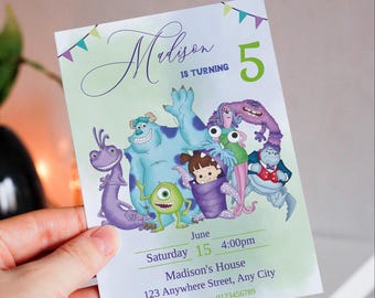 May include: A party invitation featuring characters from the movie Monsters, Inc. The invitation has a green and white gradient background with the text "Madison is turning 5". The date and time are included.