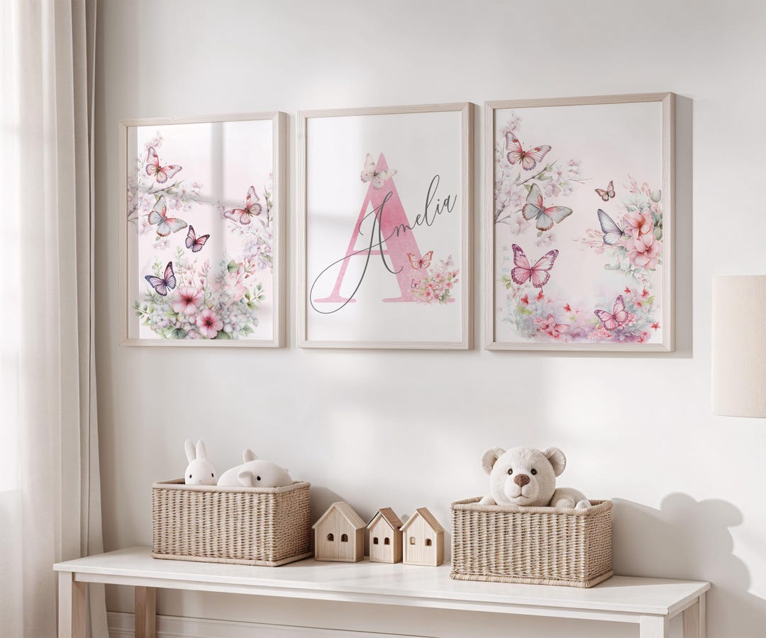 Personalized Pink Butterfly Nursery Decor: Set of 3 Prints (digital ...