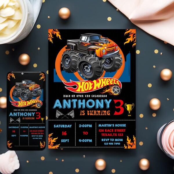 Editable Hot Cars Birthday Invitation, Monster Truck Birthday Invitation, Cars Invitation, Hot cars smartphone invite, Instant Download, htw