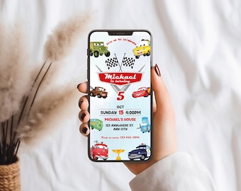 Modèle d'invitation d'anniversaire de voitures modifiable : invitation à une fête mobile (téléchargement numérique)