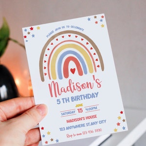 Rainbow Birthday Invitation, Boho Rainbow, Girls Birthday Invitation Template, Editable Printable Download