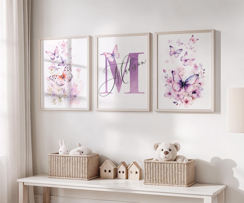 Personalized Butterfly Nursery Prints, Set of 3, Custom Name (digital ...