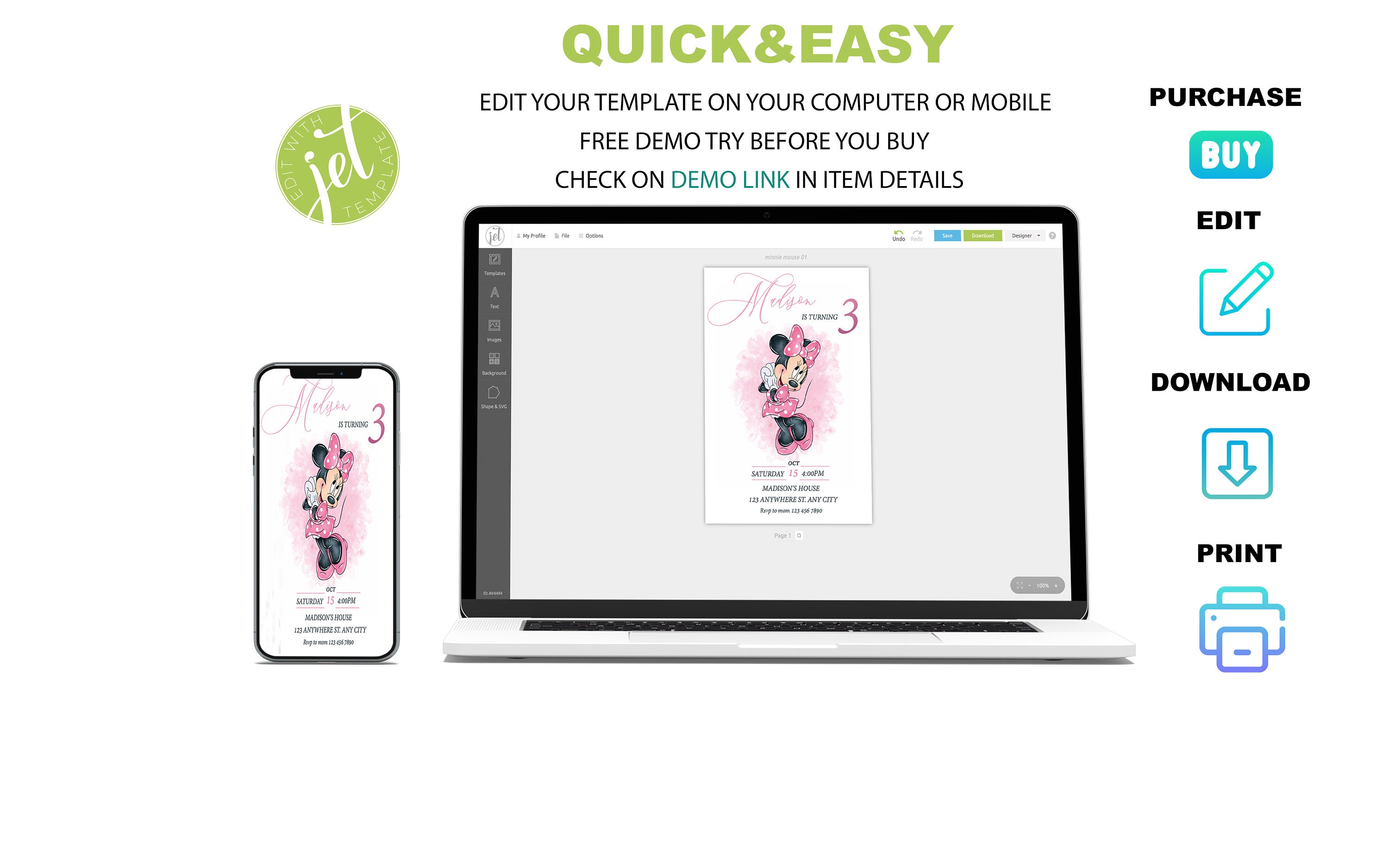 Editable Pink Minnie Mouse Birthday Invitation (printable) - Etsy