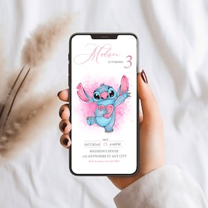 Modello modificabile per invito di compleanno con Stitch su cellulare, inviti per feste di compleanno, invito digitale per feste per bambini, download immediato, mm