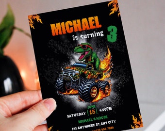 May include: A black and green monster truck birthday party invitation with a dinosaur driving the truck. The invitation says "Michael is turning 3" and includes the date, time, and location of the party.