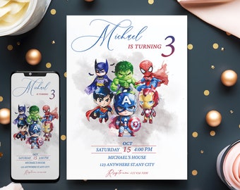 May include: A birthday invitation featuring a watercolor illustration of superhero characters, including Batman, Superman, Spiderman, Hulk, Iron Man, and Captain America. The invitation is for a boy named Michael turning 3 years old. The text on the invitation reads "Michael is turning 3" and includes the date, time, and location of the party.